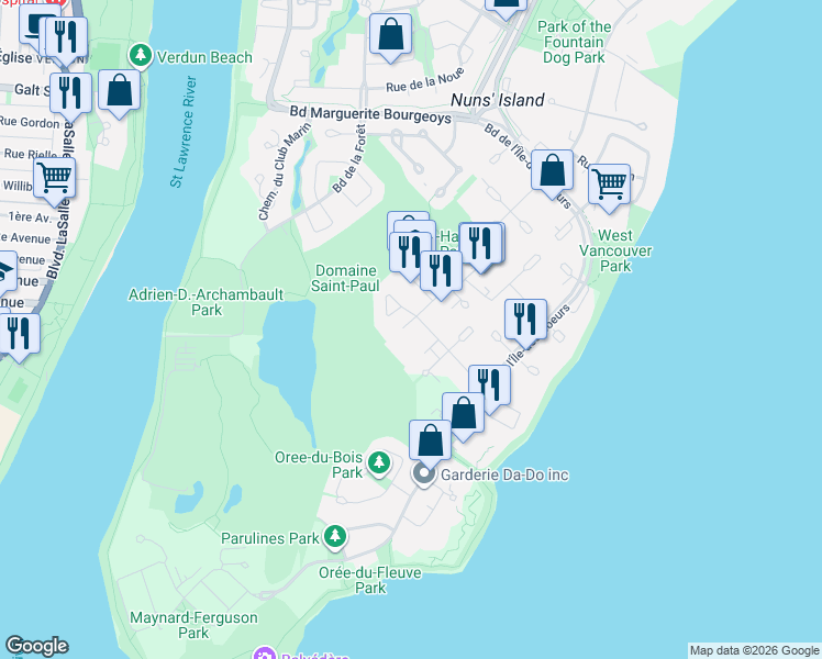 map of restaurants, bars, coffee shops, grocery stores, and more near 668 Rue de Gaspé in Montréal