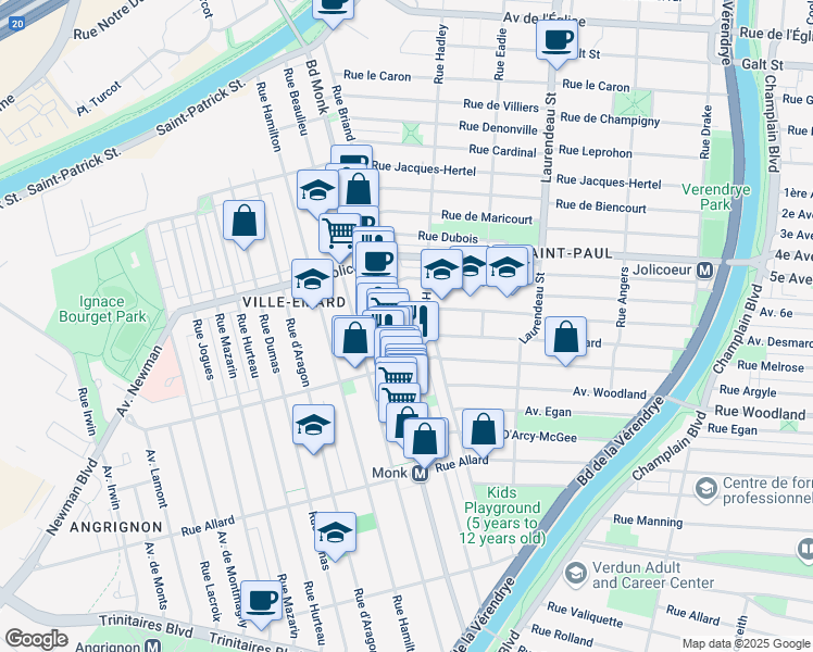 map of restaurants, bars, coffee shops, grocery stores, and more near Rue Briand in Montréal