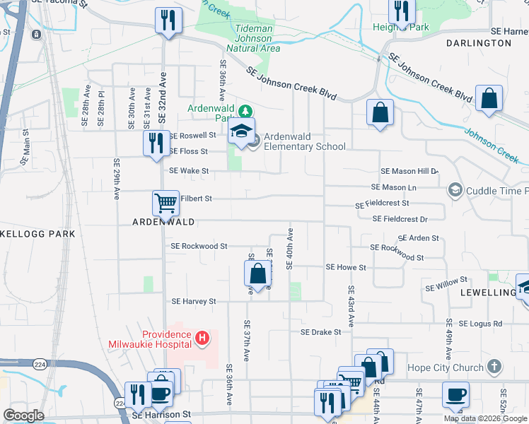 map of restaurants, bars, coffee shops, grocery stores, and more near 3739 Southeast Olsen Street in Milwaukie