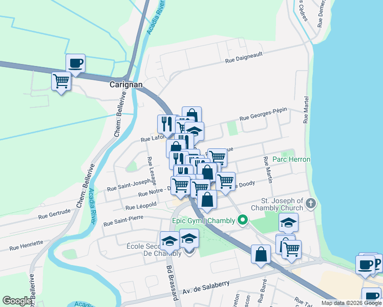 map of restaurants, bars, coffee shops, grocery stores, and more near 845 Boulevard de Périgny in Chambly