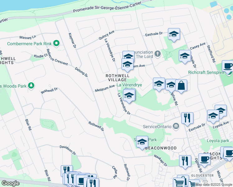 map of restaurants, bars, coffee shops, grocery stores, and more near 620 La Vérendrye Drive in Ottawa
