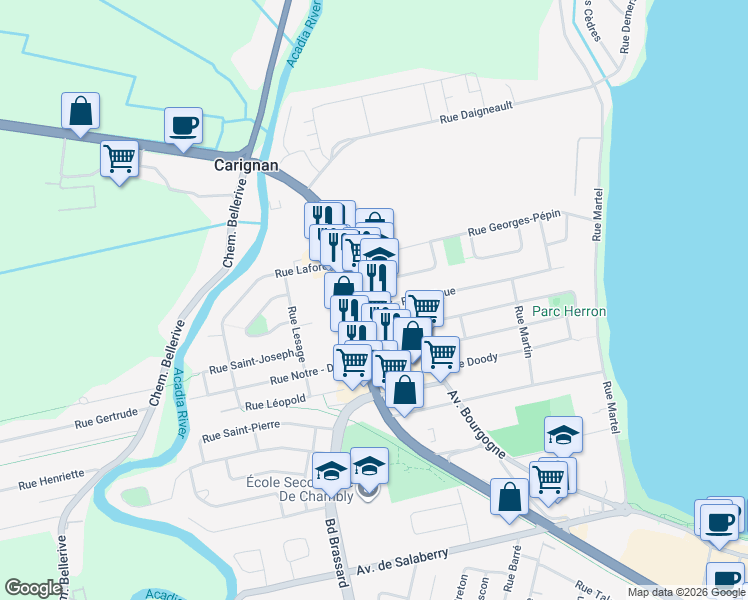 map of restaurants, bars, coffee shops, grocery stores, and more near in Chambly