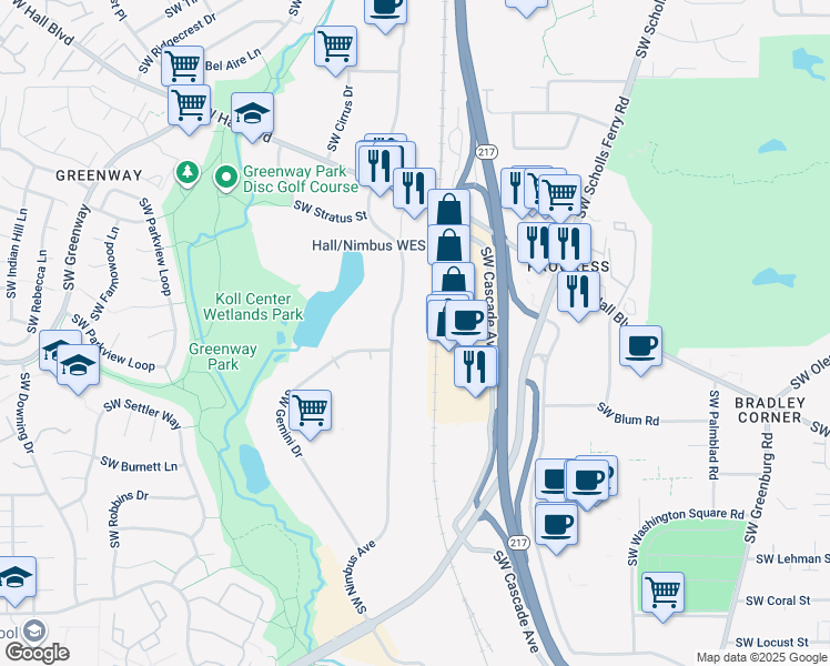 map of restaurants, bars, coffee shops, grocery stores, and more near 8880 Southwest Nimbus Avenue in Beaverton