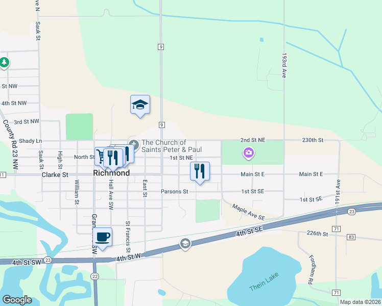 map of restaurants, bars, coffee shops, grocery stores, and more near 347 2nd Street Northeast in Richmond