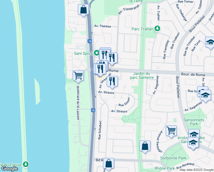 map of restaurants, bars, coffee shops, grocery stores, and more near 577 Rue Schumann in Brossard