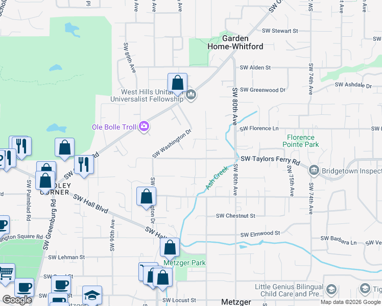 map of restaurants, bars, coffee shops, grocery stores, and more near 8845 Southwest 82nd Avenue in Tigard
