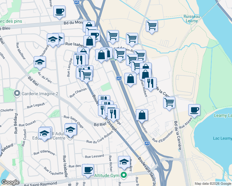 map of restaurants, bars, coffee shops, grocery stores, and more near 154 Rue Mutchmore in Gatineau