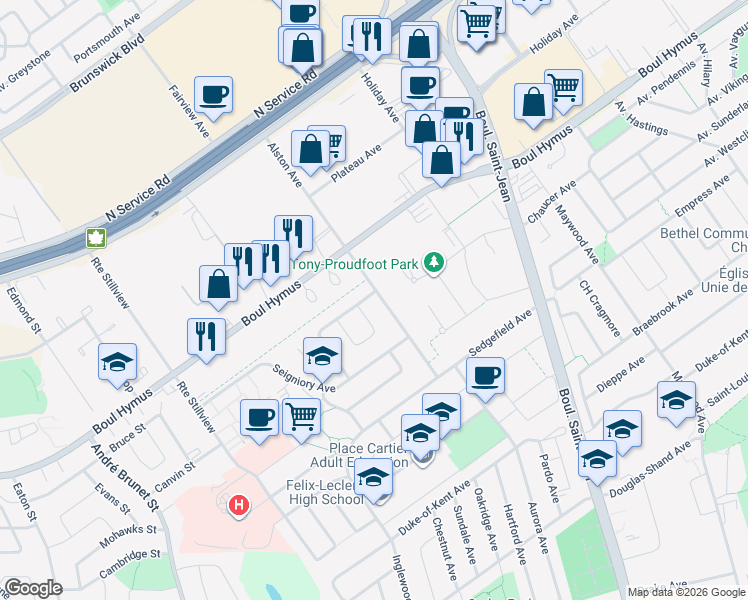 map of restaurants, bars, coffee shops, grocery stores, and more near 130 Avenue Alston in Pointe-Claire