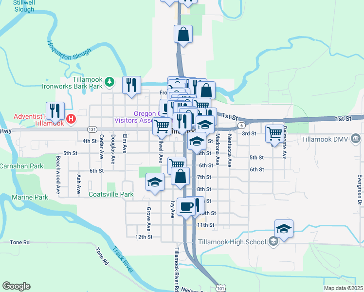map of restaurants, bars, coffee shops, grocery stores, and more near in Tillamook