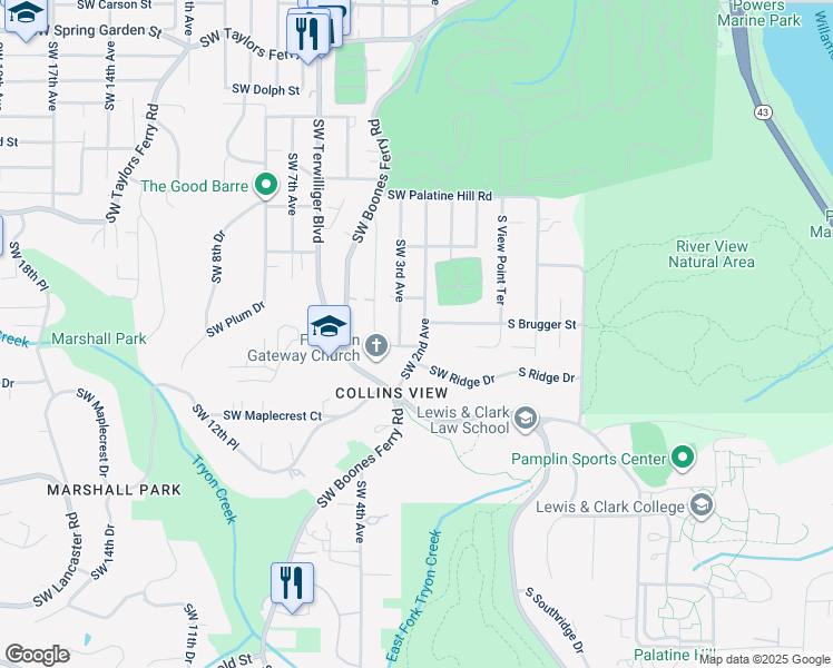 map of restaurants, bars, coffee shops, grocery stores, and more near 9530 Southwest 2nd Avenue in Portland