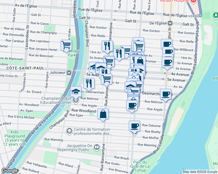 map of restaurants, bars, coffee shops, grocery stores, and more near 5144 Avenue Bannantyne in Montréal