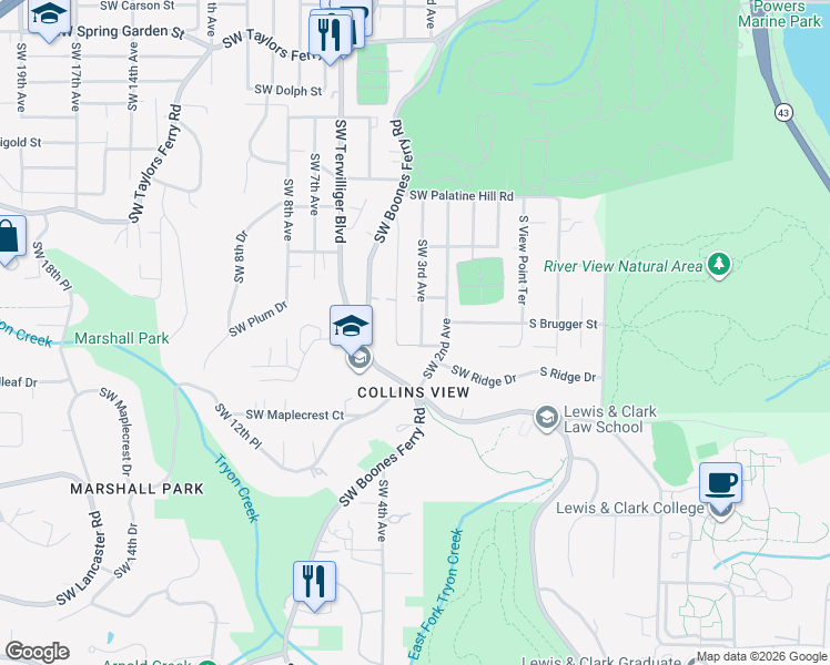 map of restaurants, bars, coffee shops, grocery stores, and more near 9521 Southwest 3rd Avenue in Portland