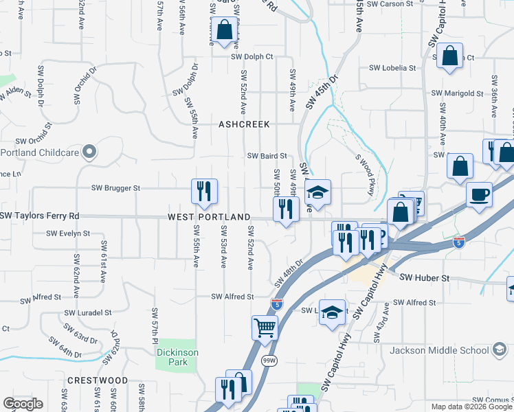 map of restaurants, bars, coffee shops, grocery stores, and more near 9600 Southwest 52nd Avenue in Portland