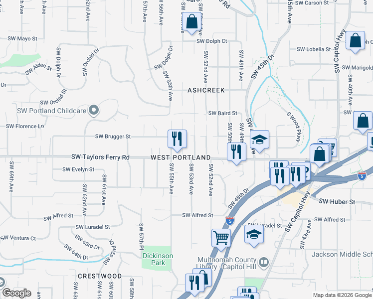 map of restaurants, bars, coffee shops, grocery stores, and more near 9611 Southwest 53rd Avenue in Portland