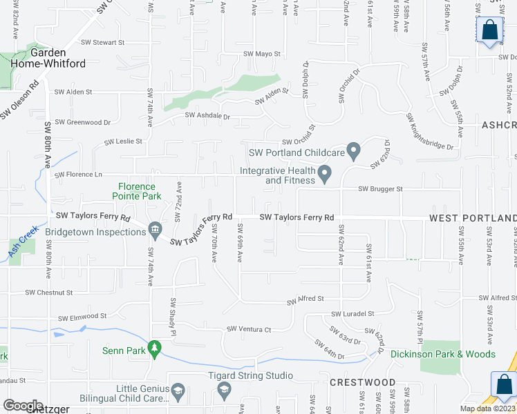 map of restaurants, bars, coffee shops, grocery stores, and more near 6736 Southwest Florence Lane in Portland