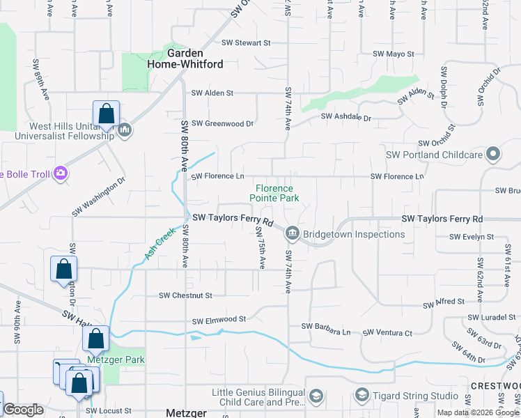 map of restaurants, bars, coffee shops, grocery stores, and more near 7524 Southwest Florence Lane in Portland