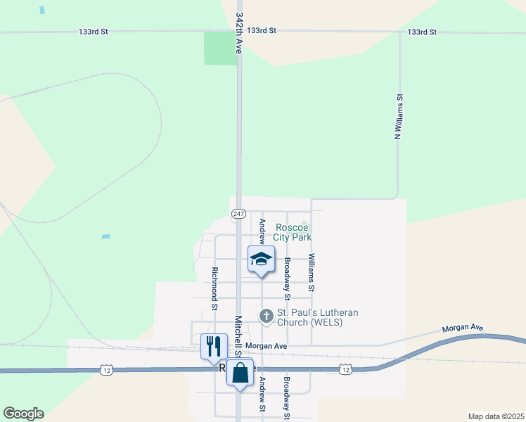 map of restaurants, bars, coffee shops, grocery stores, and more near 101 4th Avenue Northeast in Roscoe