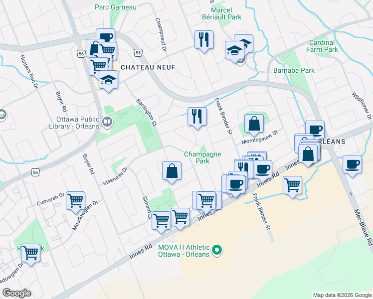 map of restaurants, bars, coffee shops, grocery stores, and more near 6415 Viseneau Drive in Ottawa