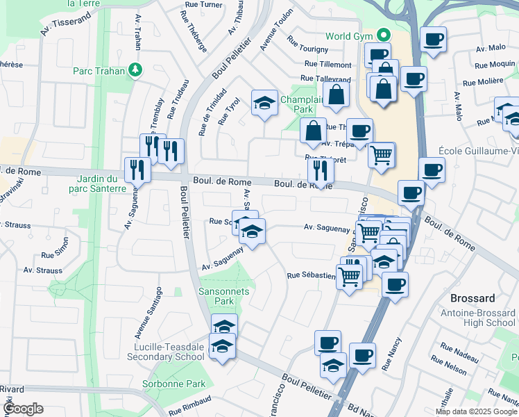 map of restaurants, bars, coffee shops, grocery stores, and more near 1920 Croissant Séguin in Brossard