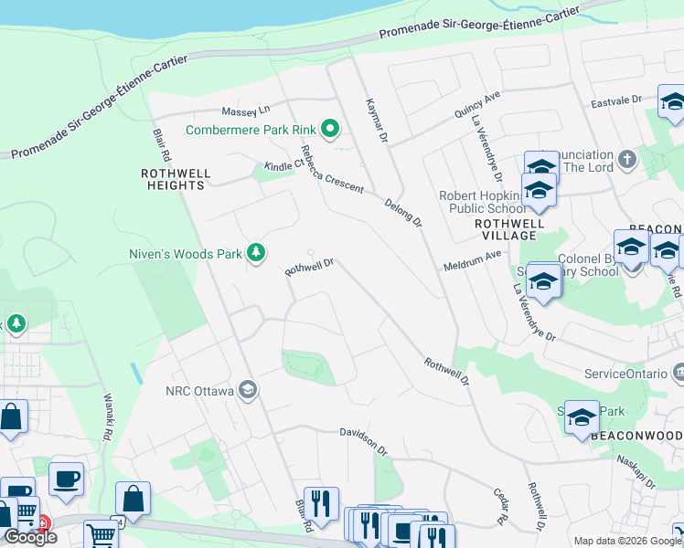 map of restaurants, bars, coffee shops, grocery stores, and more near 11 Rothwell Drive in Ottawa