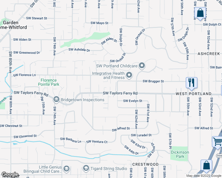 map of restaurants, bars, coffee shops, grocery stores, and more near 6551 Southwest Taylors Ferry Road in Portland