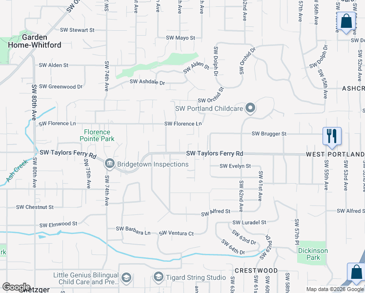 map of restaurants, bars, coffee shops, grocery stores, and more near 6736 Southwest Florence Lane in Portland