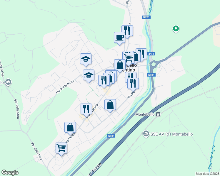 map of restaurants, bars, coffee shops, grocery stores, and more near 48 Via Generale Vaccari in Montebello Vicentino