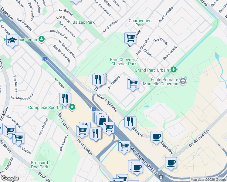 map of restaurants, bars, coffee shops, grocery stores, and more near 5200 Avenue Colomb in Brossard