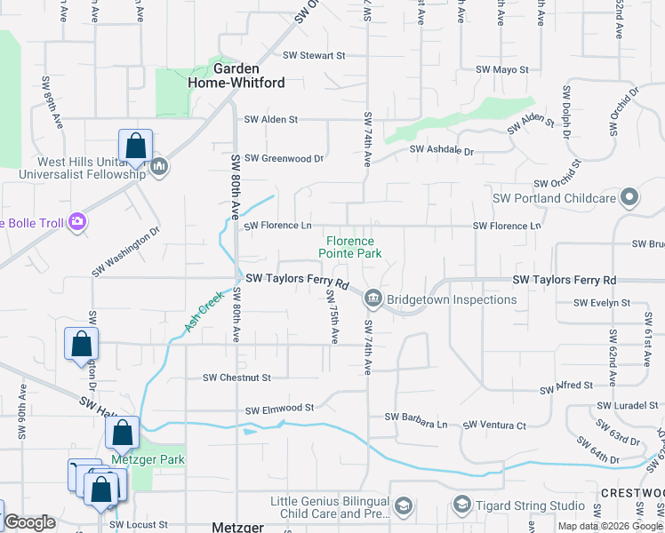 map of restaurants, bars, coffee shops, grocery stores, and more near 7524 Southwest Florence Lane in Portland