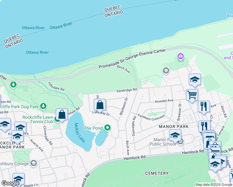 map of restaurants, bars, coffee shops, grocery stores, and more near 246 Sandridge Road in Ottawa