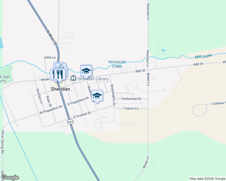 map of restaurants, bars, coffee shops, grocery stores, and more near 281 Washington St in Sheridan