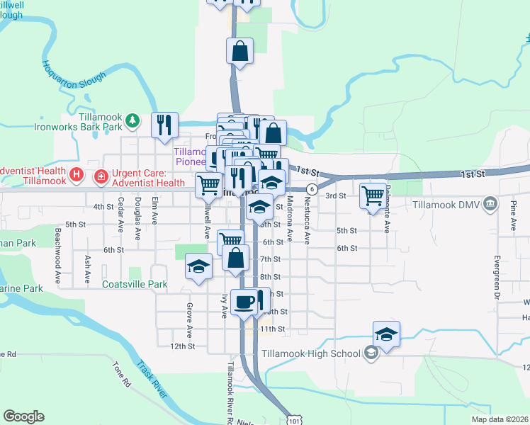map of restaurants, bars, coffee shops, grocery stores, and more near 2106 3rd Street in Tillamook