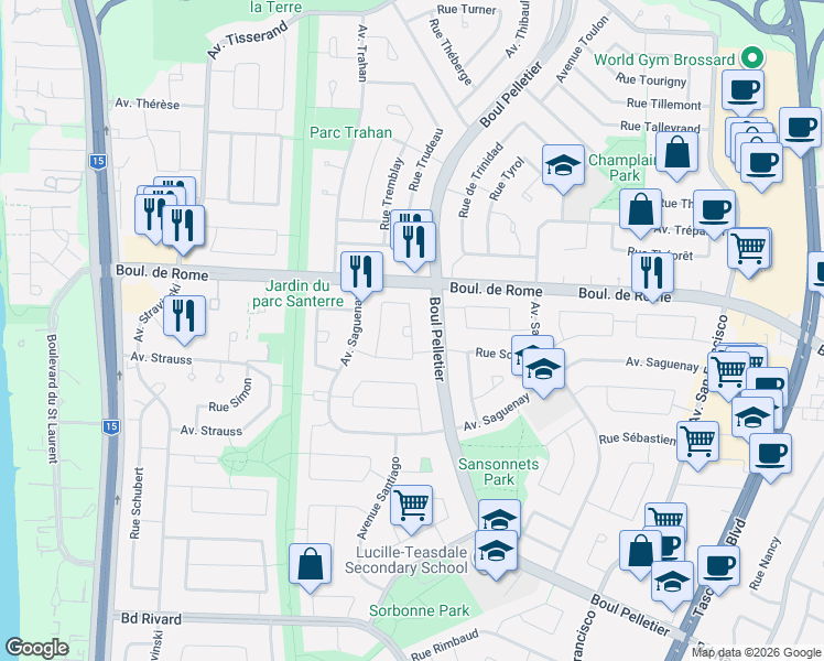 map of restaurants, bars, coffee shops, grocery stores, and more near 1355 Croissant de Séville in Brossard