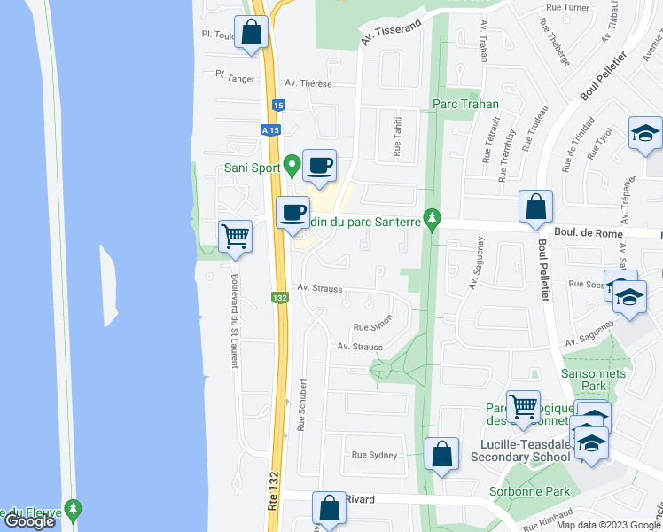 map of restaurants, bars, coffee shops, grocery stores, and more near Rue Schumann in Brossard