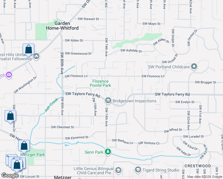 map of restaurants, bars, coffee shops, grocery stores, and more near 7340 Southwest Mallard Court in Portland