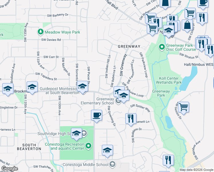 map of restaurants, bars, coffee shops, grocery stores, and more near 8820 Southwest Indian Hill Lane in Beaverton