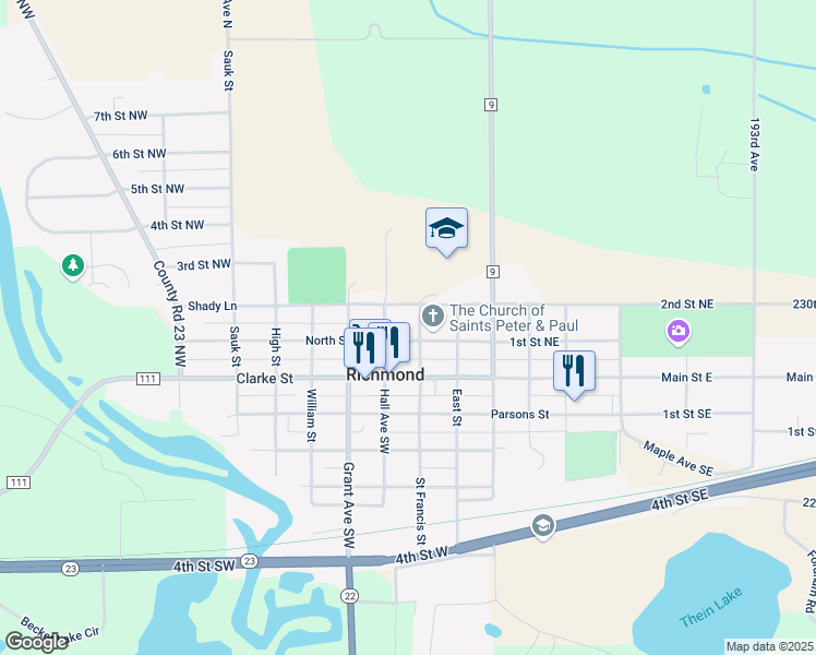map of restaurants, bars, coffee shops, grocery stores, and more near 111 Central Avenue North in Richmond