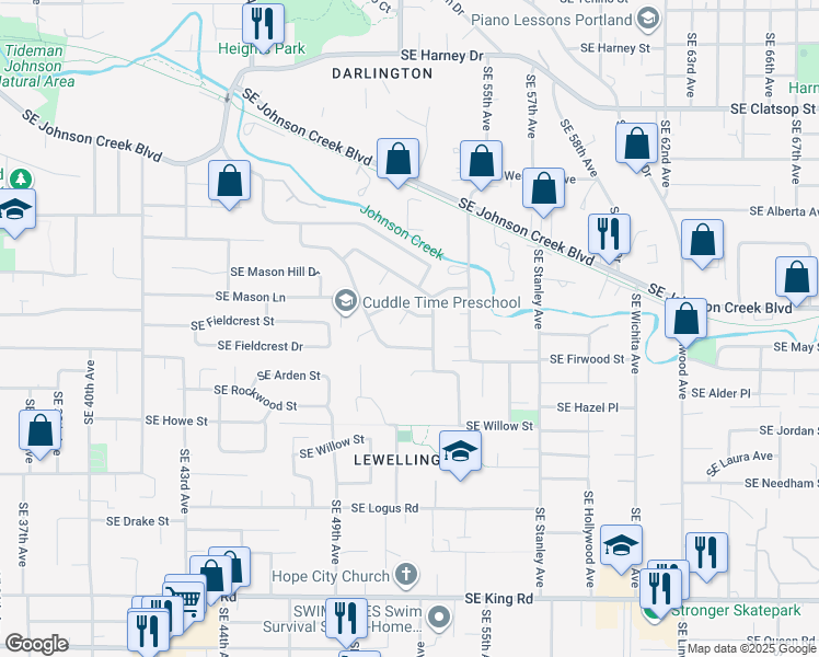 map of restaurants, bars, coffee shops, grocery stores, and more near 5171 Southeast Mason Lane in Milwaukie