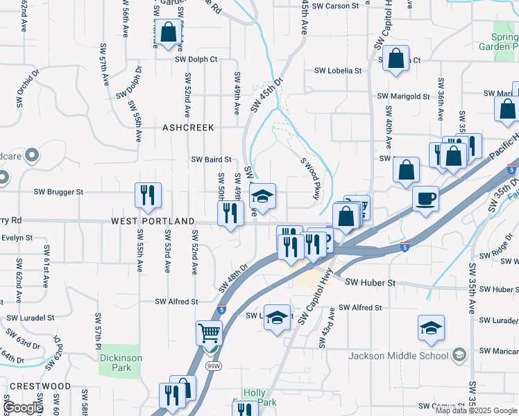 map of restaurants, bars, coffee shops, grocery stores, and more near 9607 Southwest 47th Avenue in Portland