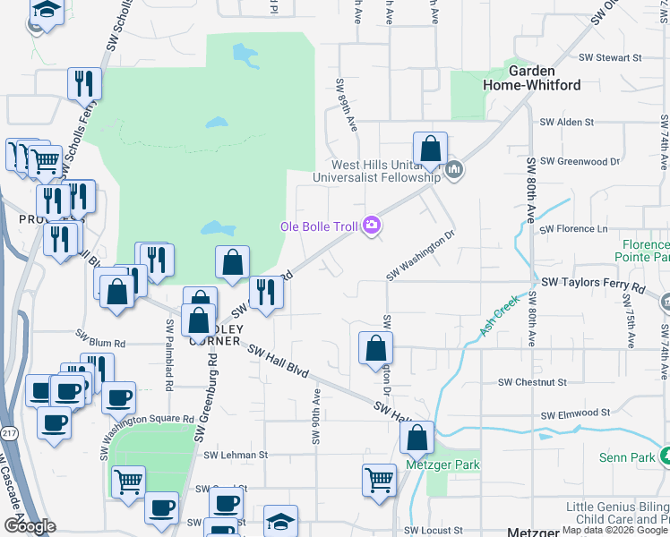 map of restaurants, bars, coffee shops, grocery stores, and more near 8988 Southwest Taylors Ferry Road in Portland
