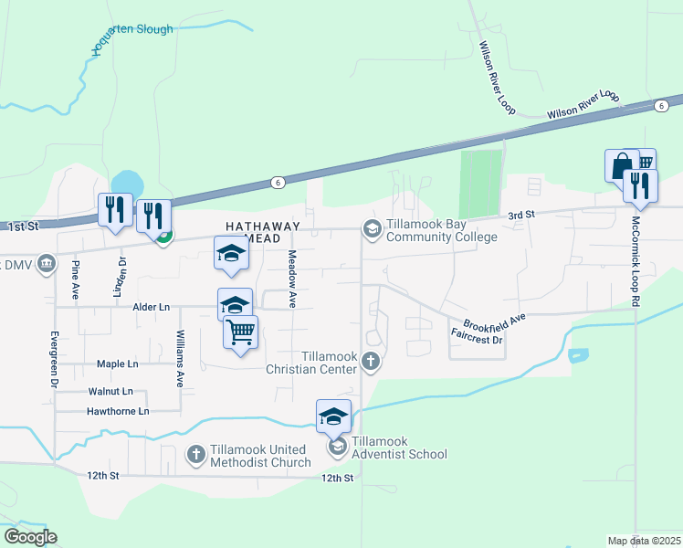 map of restaurants, bars, coffee shops, grocery stores, and more near 4212 Marolf Plaza in Tillamook