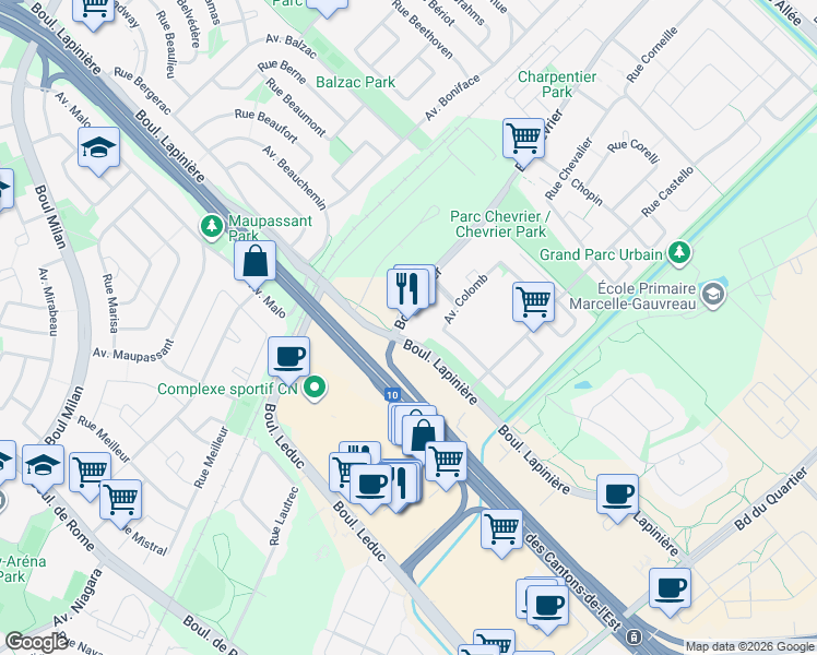 map of restaurants, bars, coffee shops, grocery stores, and more near 6705 Boulevard Chevrier in Brossard