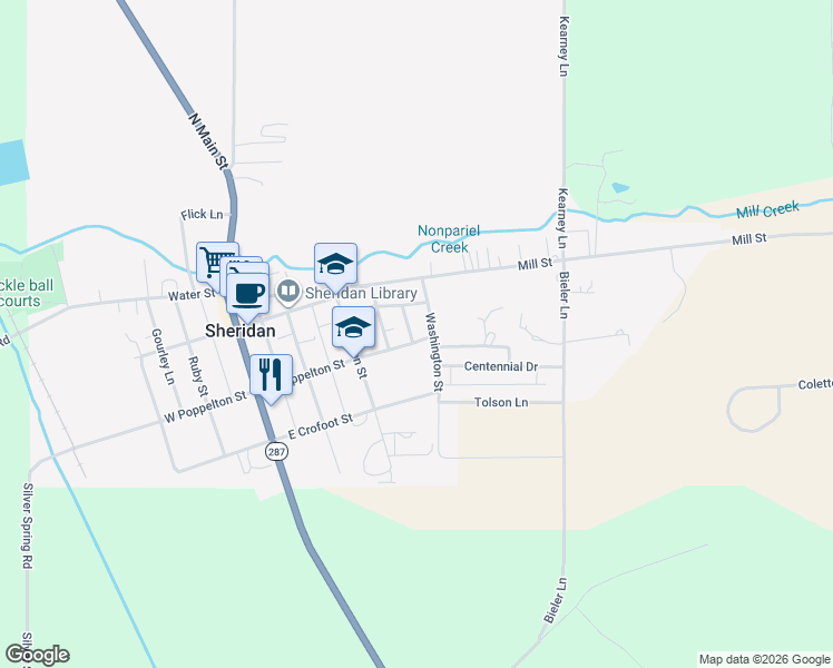 map of restaurants, bars, coffee shops, grocery stores, and more near 163-281 Washington St in Sheridan