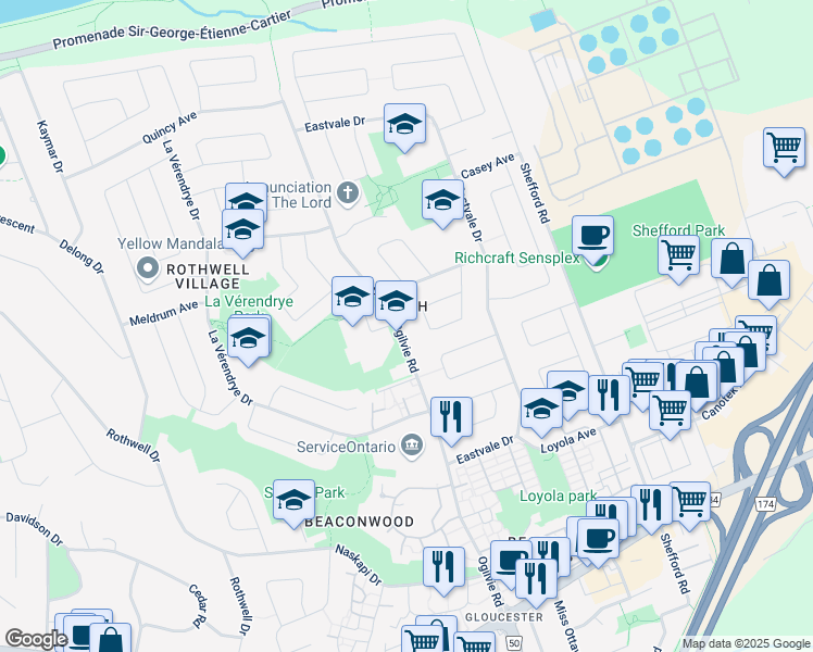 map of restaurants, bars, coffee shops, grocery stores, and more near 2368 Ogilvie Road in Ottawa