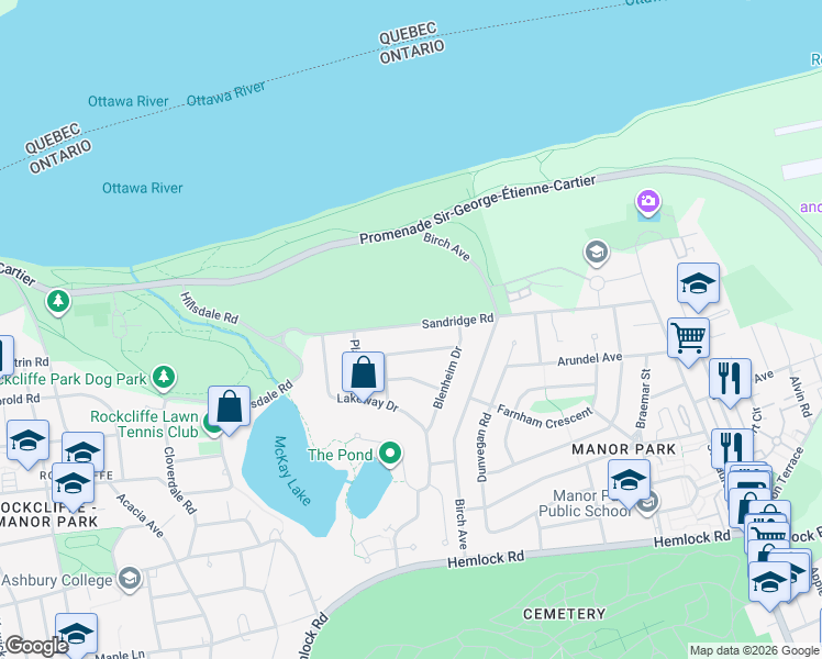 map of restaurants, bars, coffee shops, grocery stores, and more near 246 Sandridge Road in Ottawa