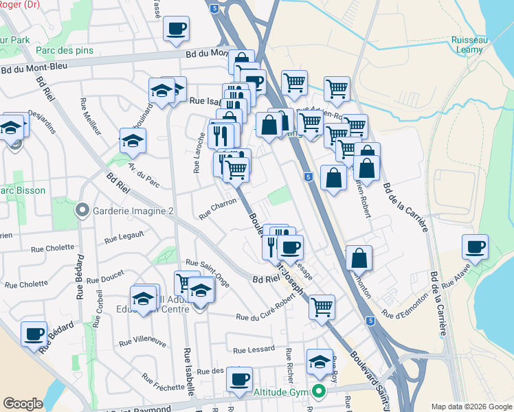 map of restaurants, bars, coffee shops, grocery stores, and more near 700 Boulevard Saint-Joseph in Gatineau
