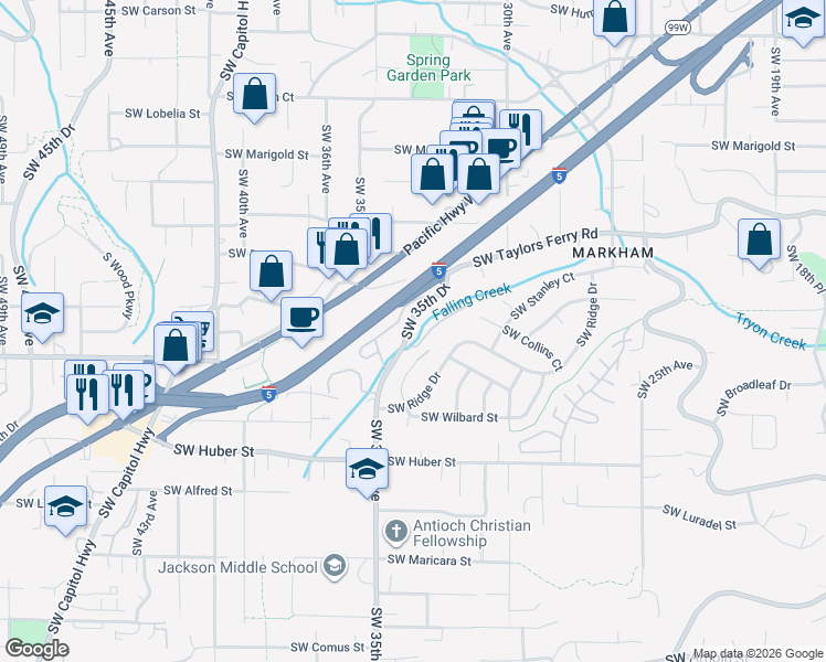 map of restaurants, bars, coffee shops, grocery stores, and more near 9498 Southwest Barbur Boulevard in Portland
