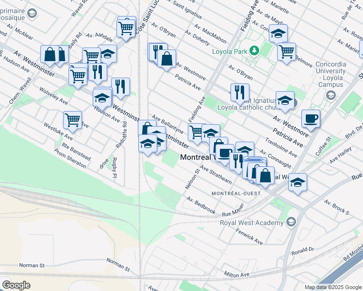 map of restaurants, bars, coffee shops, grocery stores, and more near 248 Avenue Westminster Nord in Montréal-Ouest