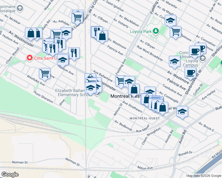 map of restaurants, bars, coffee shops, grocery stores, and more near 250 Avenue Westminster Nord in Montréal-Ouest
