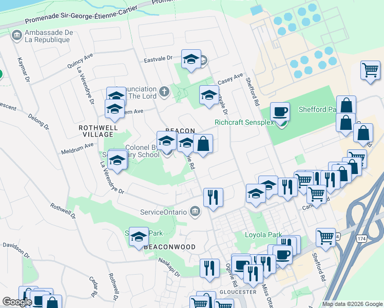 map of restaurants, bars, coffee shops, grocery stores, and more near 2368 Ogilvie Road in Ottawa
